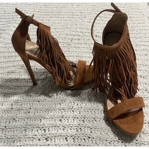 Liliana Fringe Heels Stiletto Sandals Women's Size 7.5 Brown Faux Suede Open Toe